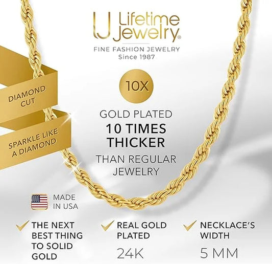 LIFETIME JEWELRY 5Mm Rope Chain Necklace 24K Real Gold Plated- Women and Men (36 Inches)